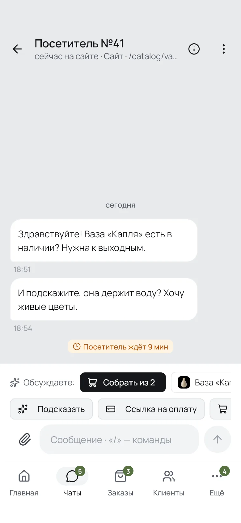 Переписка в приложении: над полем — «Обсуждаете» с товарами из разговора